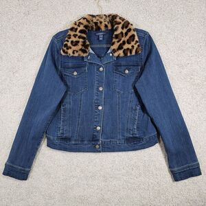 Isaac Mizrahi Denim Jacket w/Removable Faux Leopard Collar Women's‎ 10